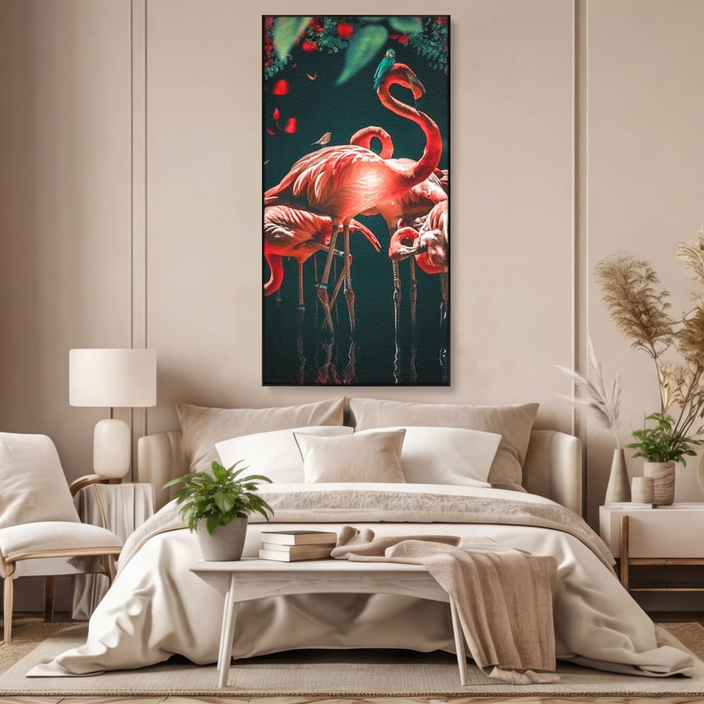 Tablou canvas cu tablou canvas cu flamingo roz, in rama de aluminiu negru, pe perete intr-un dormitor